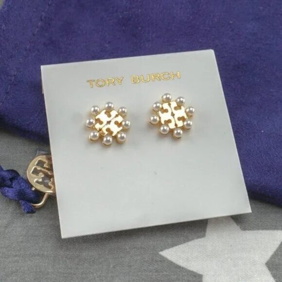 Tory Burch Jewelry - Tory Burch Kira Pearl Stud Earrings in Tory Gold / Cream